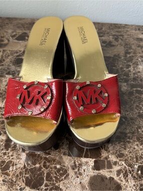 Michael Kors Red Patent Leather MK Logo Slide Mules with Gold Footbed
